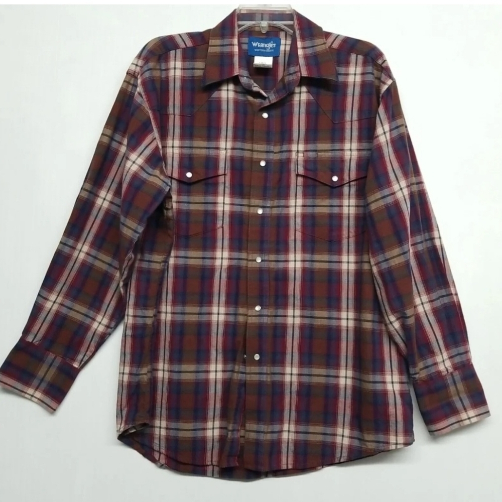 Wrangler Men's Western Plaid Shirt  Size L Pearl Snap  Long Sleeve Checked